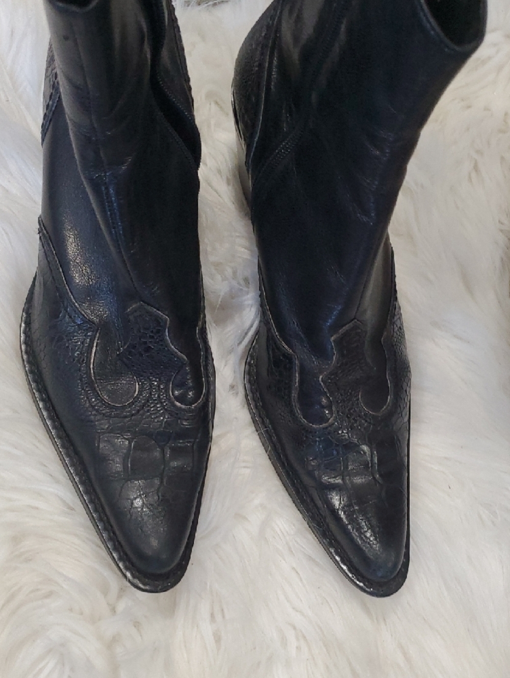 Franco Sarto Black Pointed Leather Ankle Booties with Embossed Toe - Picture 14 of 14